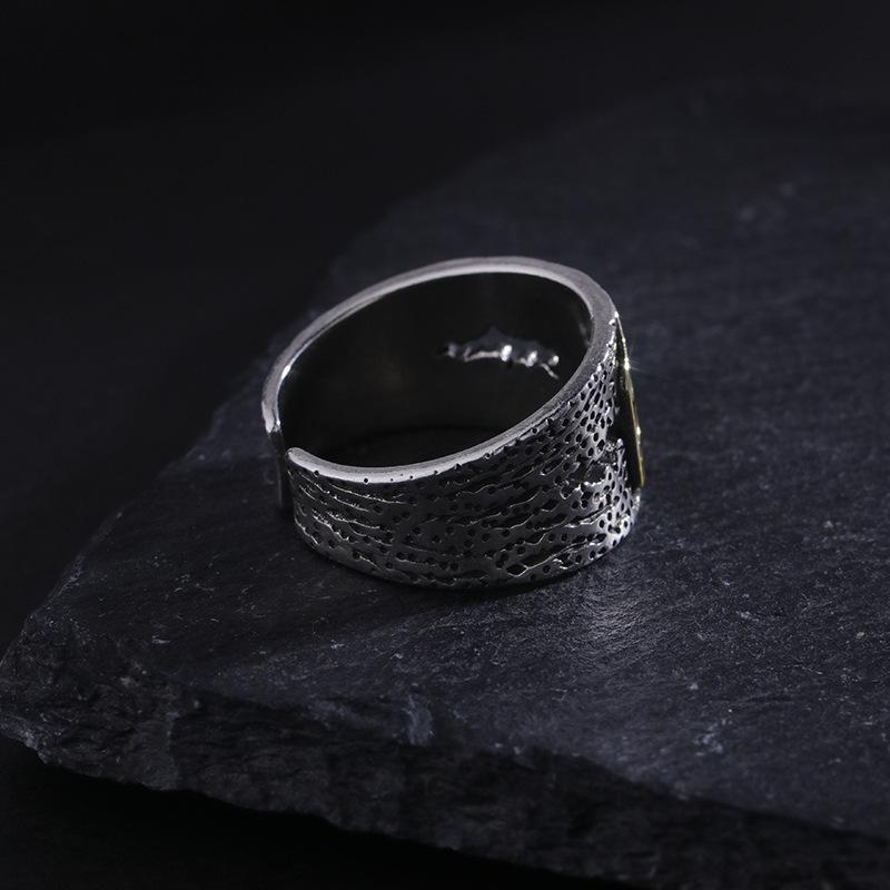Silberfarben Zweifarbig Gehämmert Textur Breiter Ring Ägyptisches Auge des Horus Symbol Verstellbar Retro Altes Ägypten Unisex Finger
