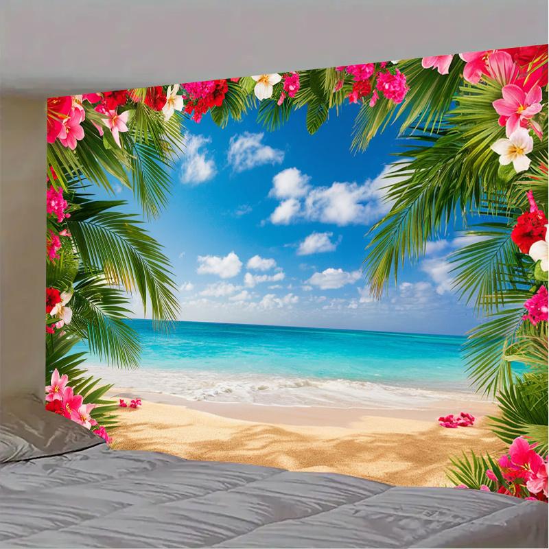 2D plane, background fabric for a Hawaiian-themed beach party, tropical palm trees and yellow flowers, polyester fiber