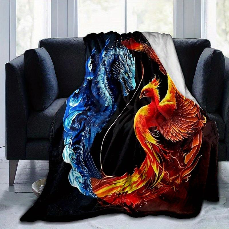 1pc Blue Dragon and Red Phoenix Blanket Soft Throw for Home Decor, Gift Idea,Living Room, Travel, Camping