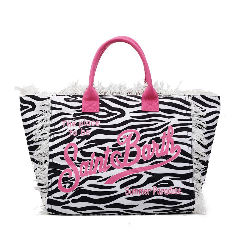 Bolsa de praia de lona com borla feita à mão para mulher, nova bolsa tote estampada, bolsa de ombro de grande capacidade