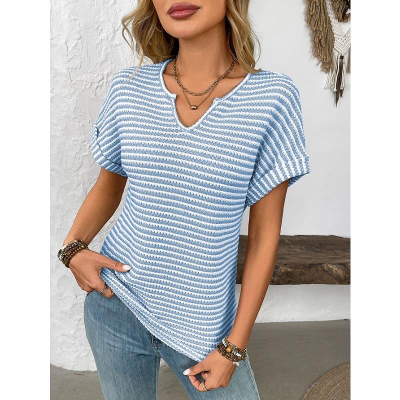 Summer New Women's V-neck Short-sleeved Loose Striped Casual Pullover T-shirt