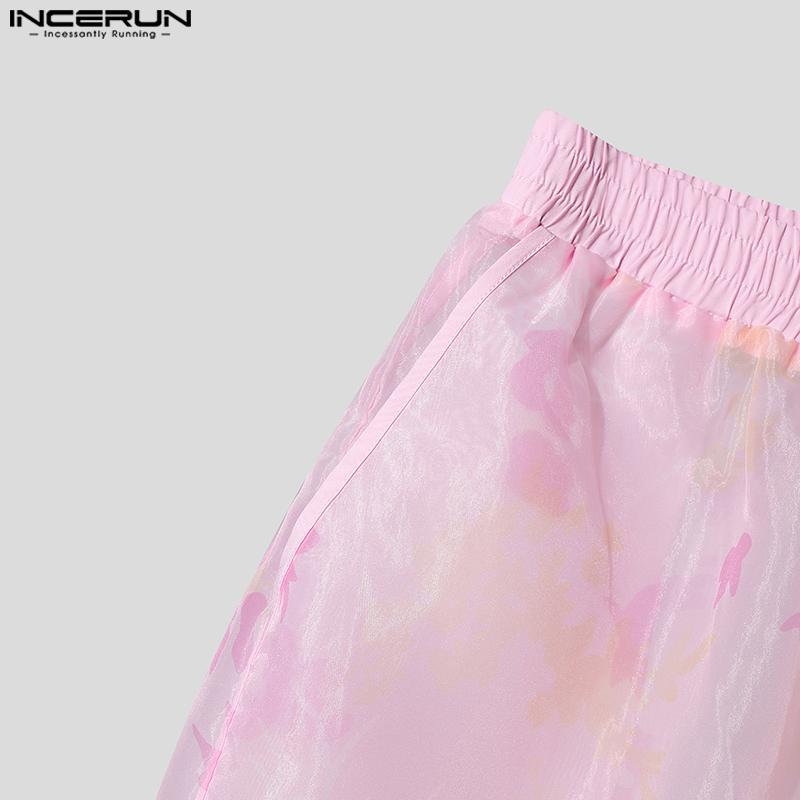 INCERUN Pánské elastické pasové potisk síťované průsvitné šití streetwear harémové kalhoty