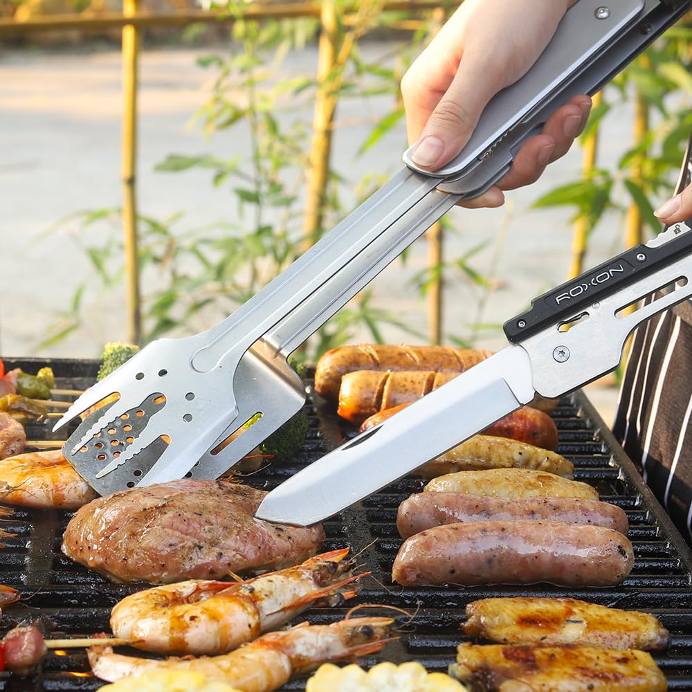 ROXON S601 Camping BBQ Tools 6 in 1 MBT3 Folding Grill Utensil Set Grill Tongs for Backyard BBQ Camping
