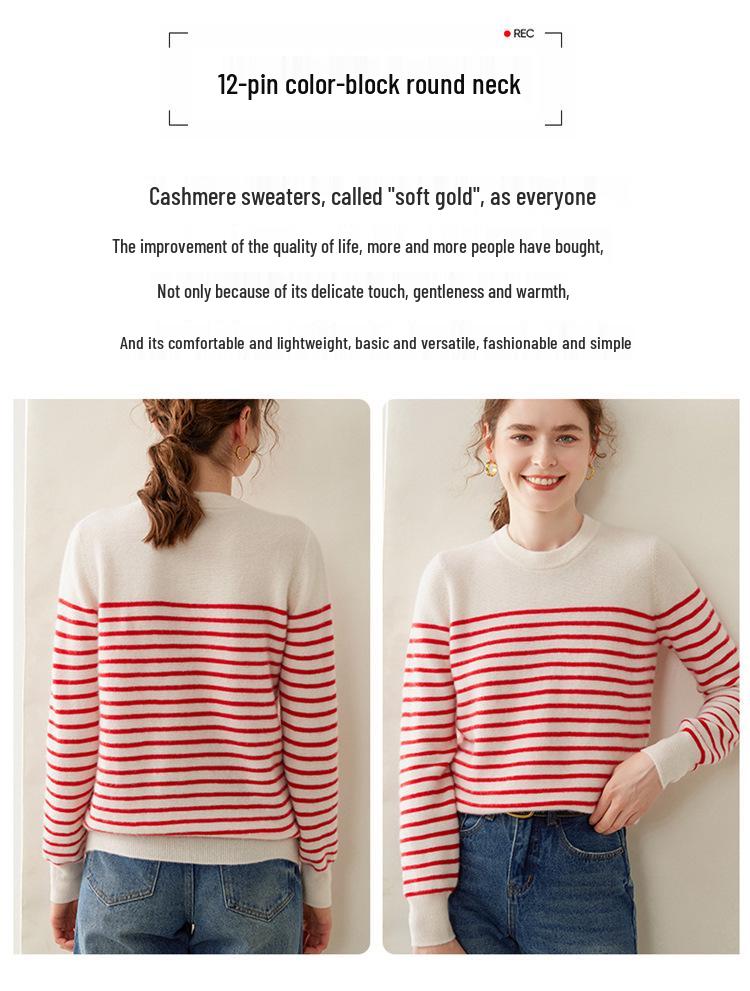 Women's Black & White Striped Round Neck Cashmere Sweater - New Autumn/Winter Style, Long-Sleeved, Color-Block Knit, Regular Fit.