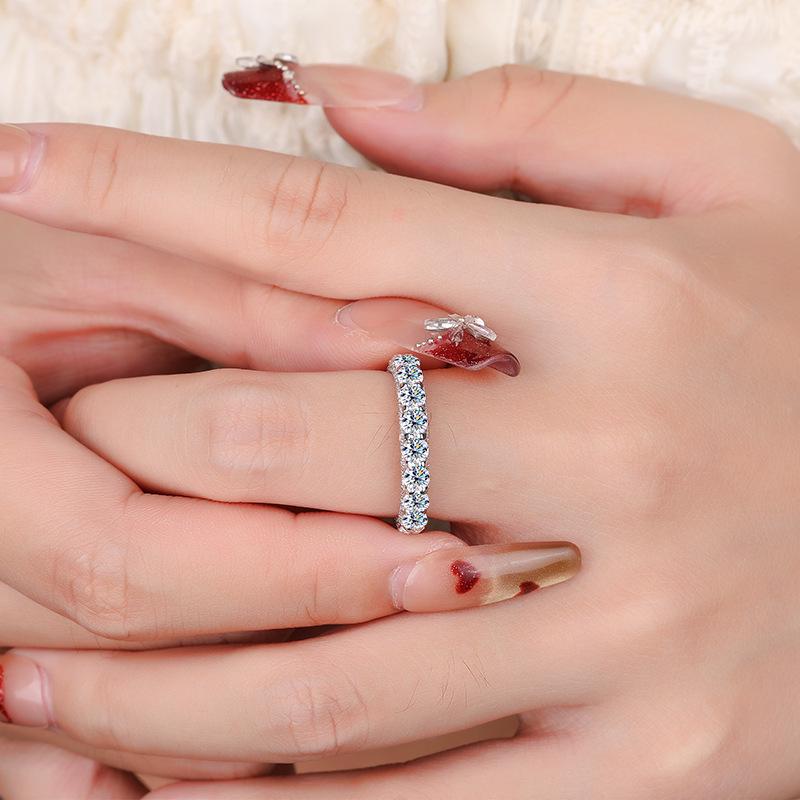 S925 Sterling Silver Moissanite Pavé Full Diamond Eternity Band, Platinum-Plated Women's Ring