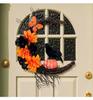 Gruseliger Halloween-Kranz: Orange & Schwarze Krähe mit Mond, Kürbissen & Getrockneten Ranken – Perfekte Tür- oder Wand-Festivaldekoration