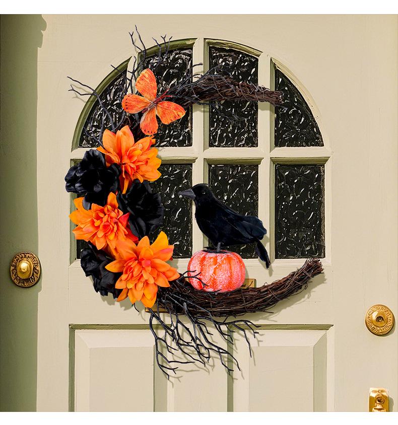 Gruseliger Halloween-Kranz: Orange & Schwarze Krähe mit Mond, Kürbissen & Getrockneten Ranken – Perfekte Tür- oder Wand-Festivaldekoration