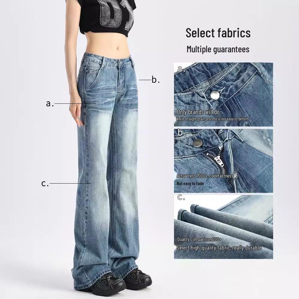 Blugi retro evazați cu talie joasă pentru femei - Colecția Primăvară/Toamnă 2025, Croială versatilă lejeră, Picior drept, Lungime până la podea.