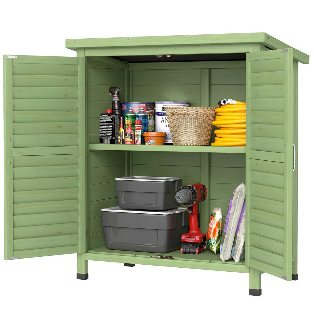 Garden Shed Wooden Garden Storage Shed 2 Door Unit Solid Fir Wood Garage Tool Organisation Cabinet, 87L x 46.5W x 96.5Hcm, Green