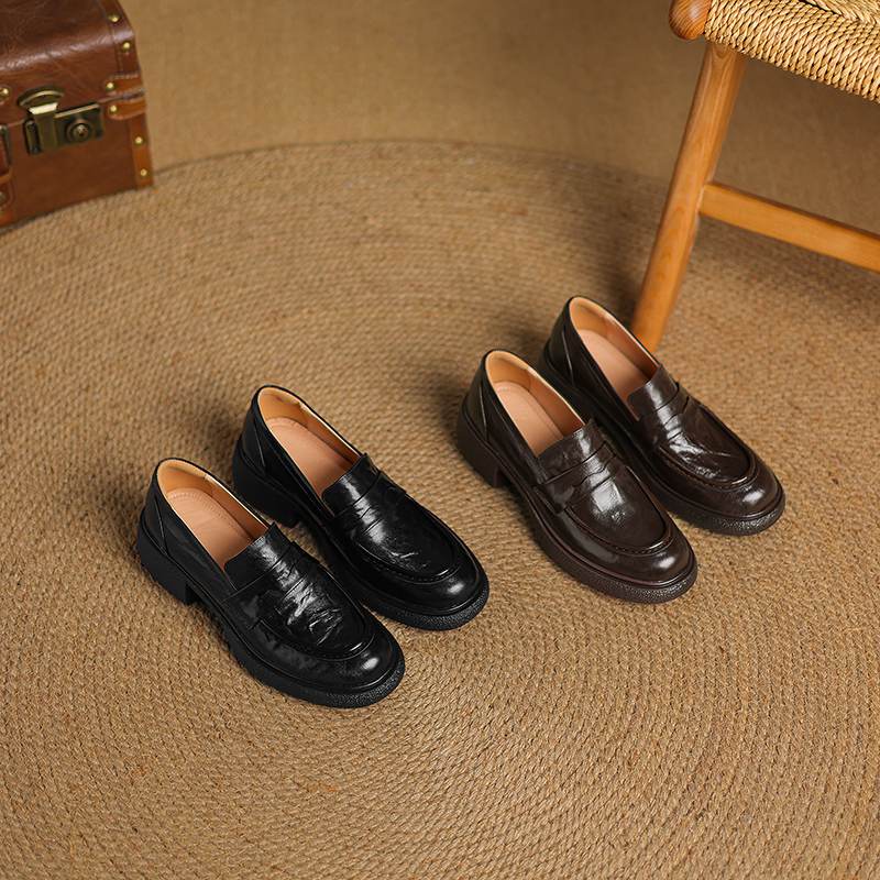 Krazing Pot Sheepskin Autumn Winter Shoes Slip on Chunky Heels Oxford Shoes Size 43 Round Toe Deep Mouth Waterproof Pumps