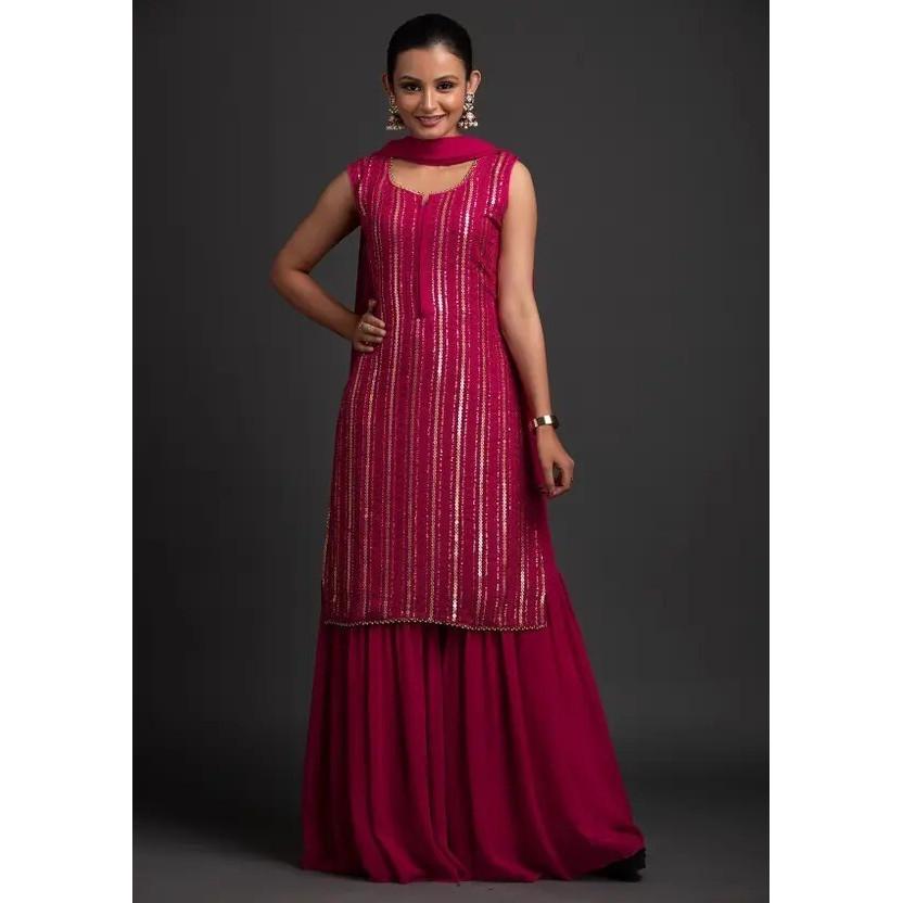 Party Wear Georgette Top Tunic Kurta Sharara Dupatta Set Women Designer Kurti VFP-1855a