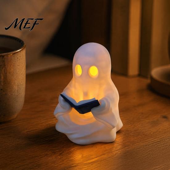 Whimsical Desk Accessory Cute Ghost Reading Book Lamp, Lighted Figurine with Warm LED Night Light Light, Halloween for Mantel Shelf Table Indoor Home