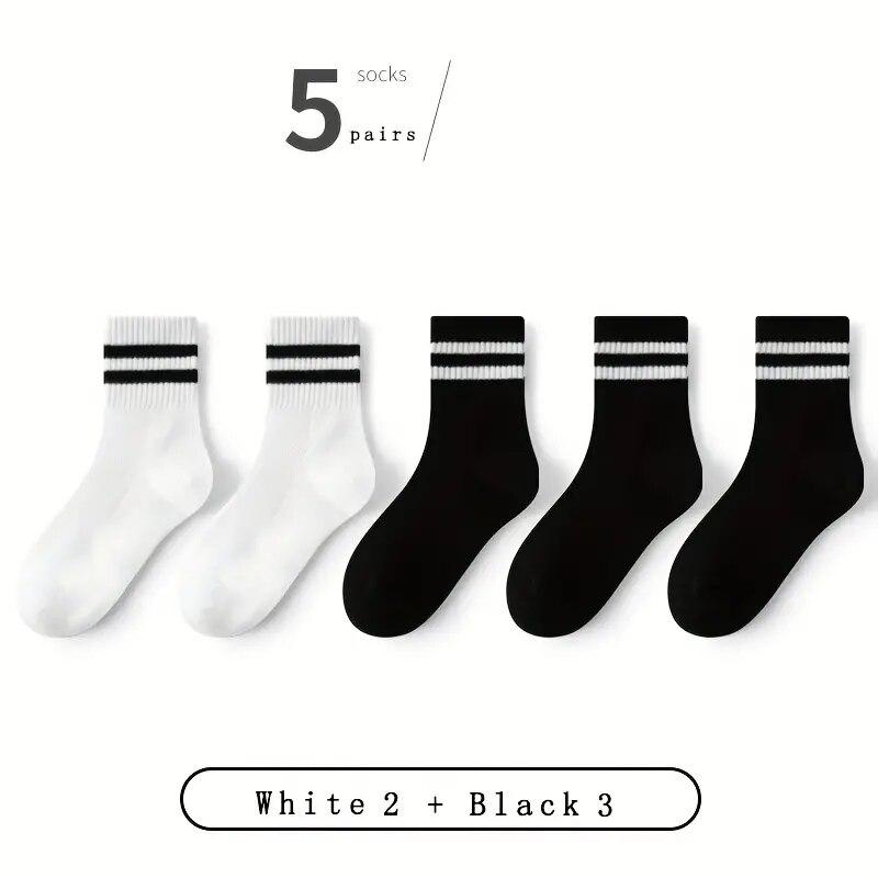 5 Pairs Women's Mid Length Socks Solid Color Parallel Stripe Simple Fashionable Sports Sweat-Absorbing High-Quality Girls' Socks