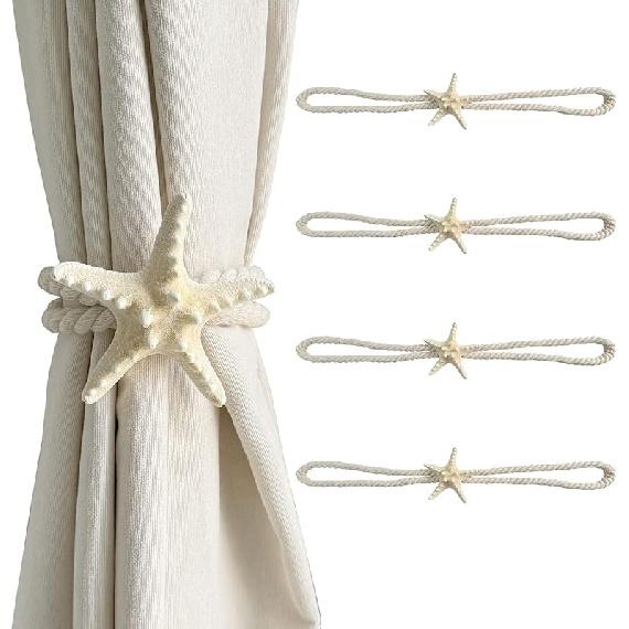 4 Pcs Natural Starfish Curtain Tiebacks, Handmade Woven Rope Curtain-Ties Scandinavian Minimalist Style Curtain Spreader for Outdoor, Hotel, Bedroom