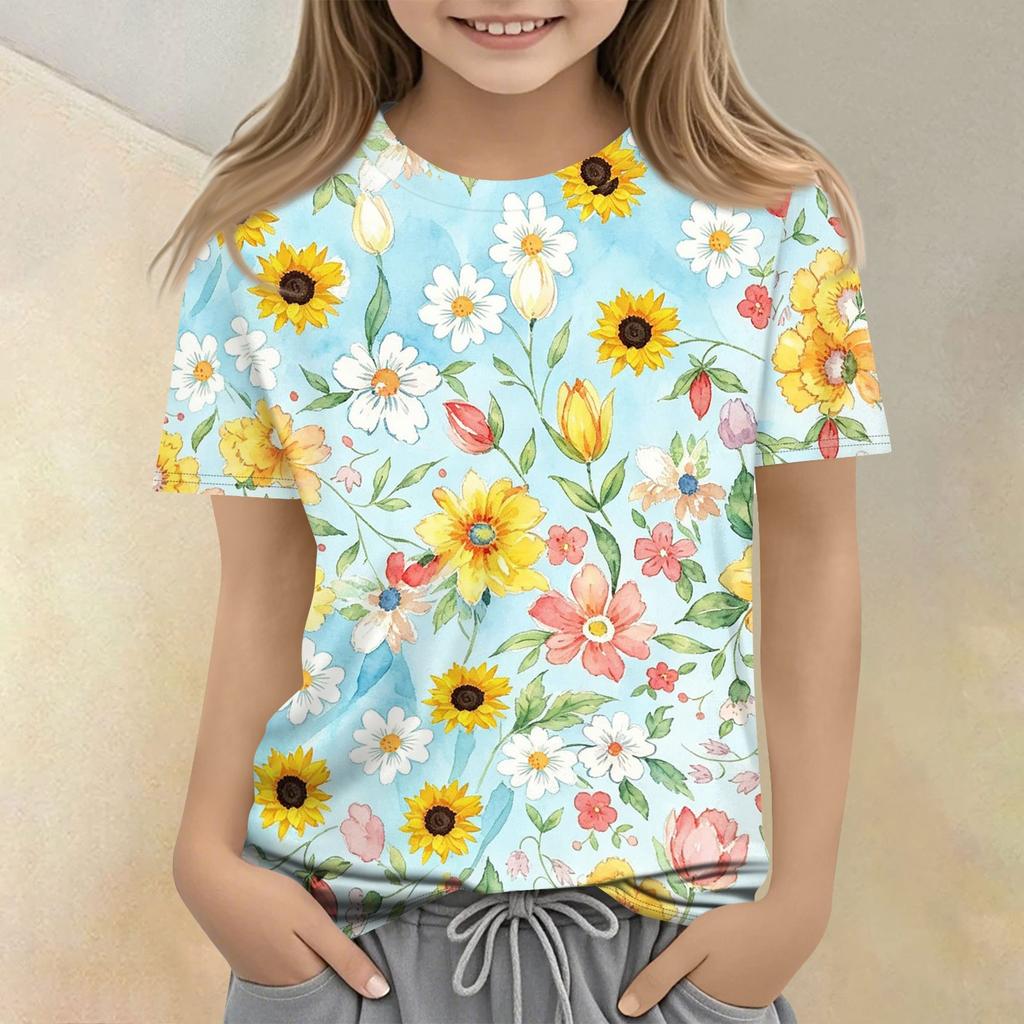 Girls Floral Print Short Sleeve T Shirt Casual Loose Fit Crew Neck Top Lightweight Comfortable Summer Tee for Kids