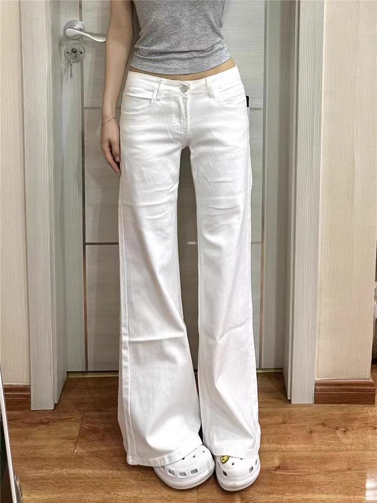 Damen Niedrige Taille Ausgestellte Jeans Lockerer Schnitt Japanischer Lässiger Uni Nicht Haftend Weite Bootcut Jeans
