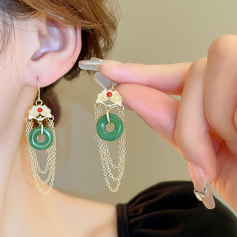 Real Gold Plated Hanfu Style Jade Imitation Geometric Tassel Earrings for Women