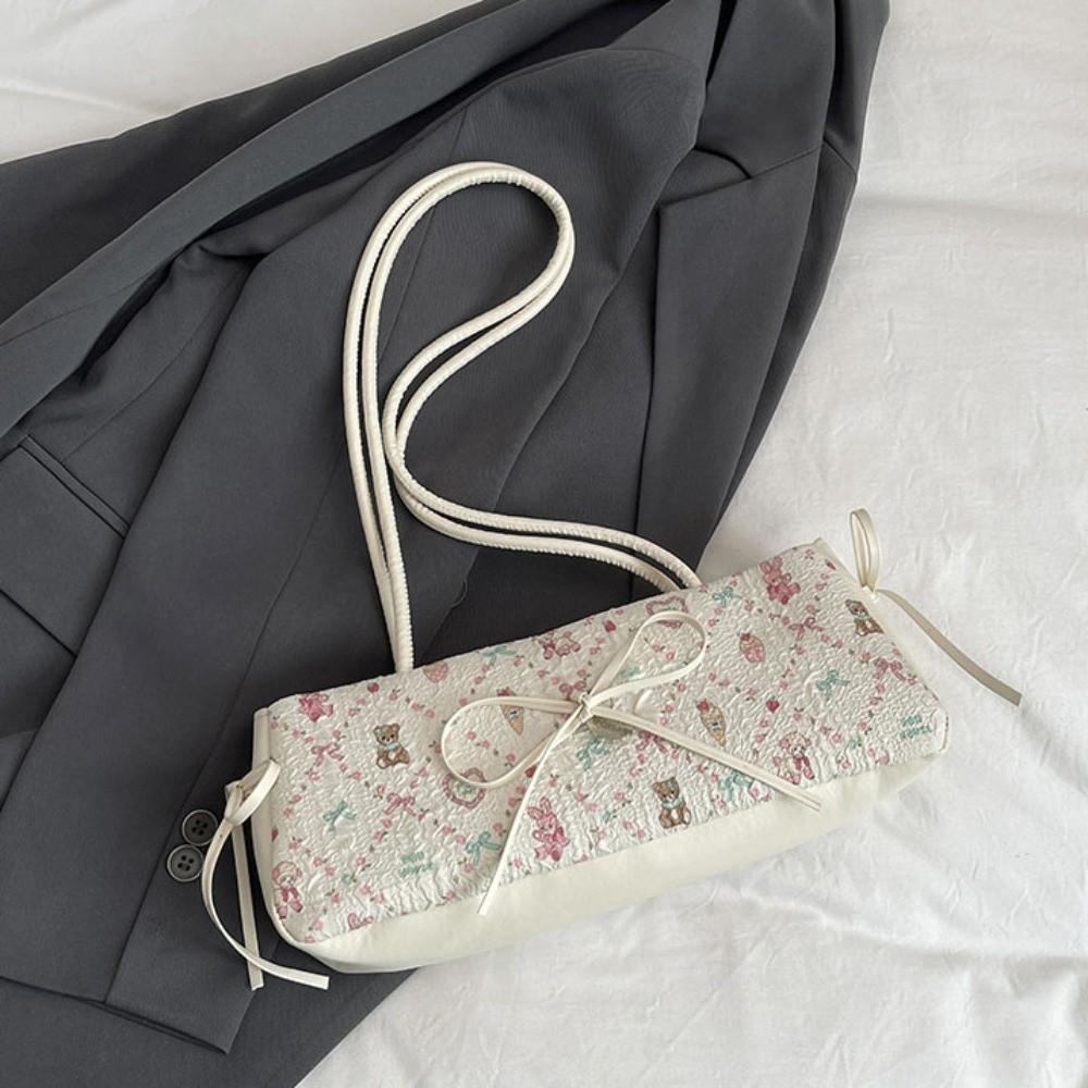 Pleated French Stick Handbag Plaid Cloth Underarm Bags Fashion Bow Shoulder Bag  Daily