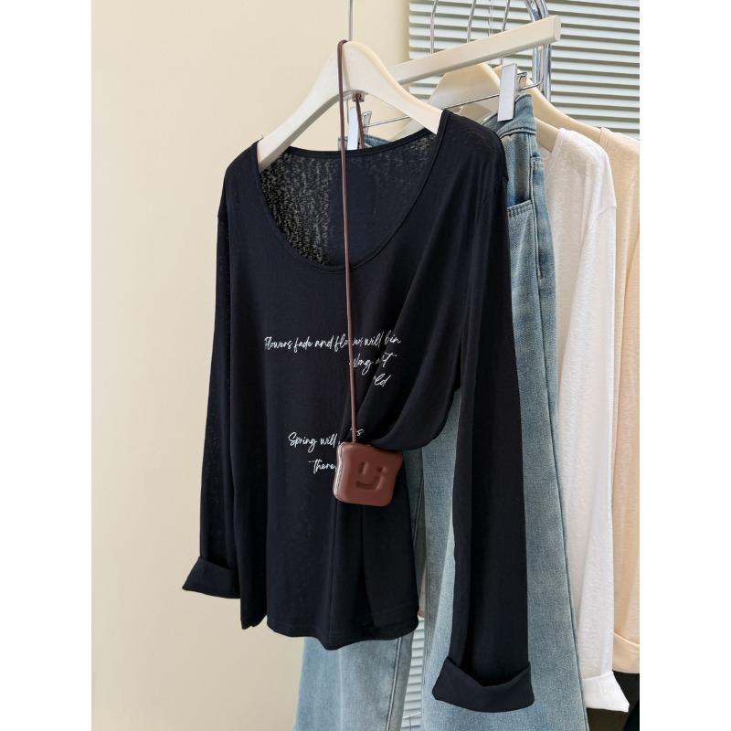 

Тонкая микропрозрачная блузка большого размера с принтом, футболка с длинным рукавом, женский летний топ для улицы с кондиционером XL чёрный