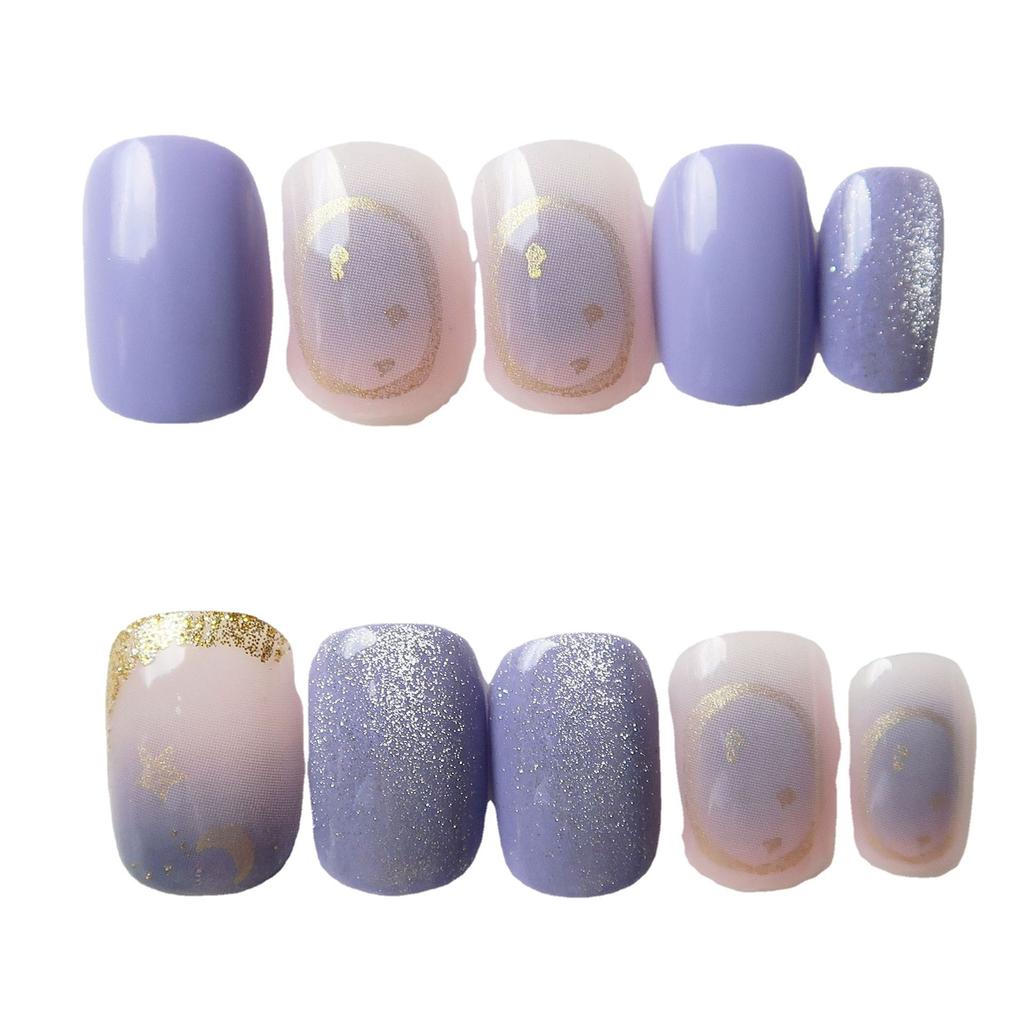 24Pcs Handmade Short Round Coffin Press On Nails Ocean Star Moon Blue Gradient Fake Nails With Glue