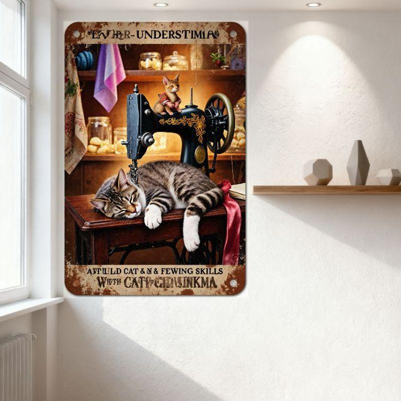 Vintage 'Never Underestimate' Cat Tin Sign with Sewing Machine & Sleeping Cats, Rusty Aged Metal Sign for Home Wall Decor, Retro
