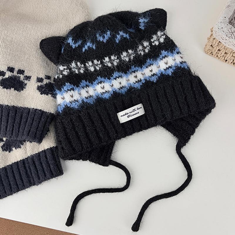 

Vintage Jacquard Cat Ears Hat Women S Fair Island Wind Yarn Hat Windproof Warm Ear Protector Knitted Hat
