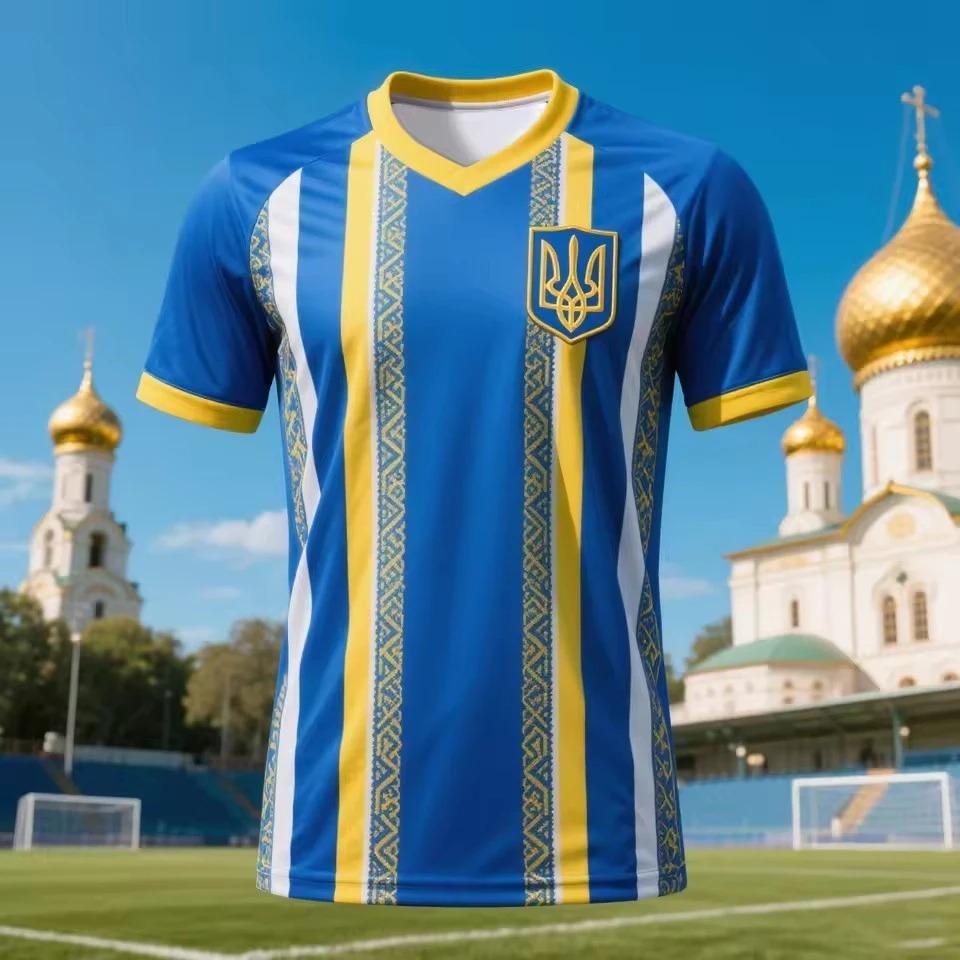 Fußballtrikots mit dem ukrainischen Dreizack-Logo, blau-gelbes Flaggen-Design, 3D-Druck, kurze Ärmel, Familienstil.