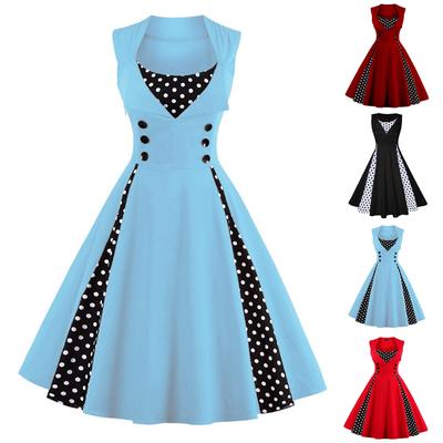 Rochie de vară pentru modă pentru femei, slim fit, ocazional, retro, cu cusături cu buline, cu rever, rochie fără mâneci, rochie leagăn