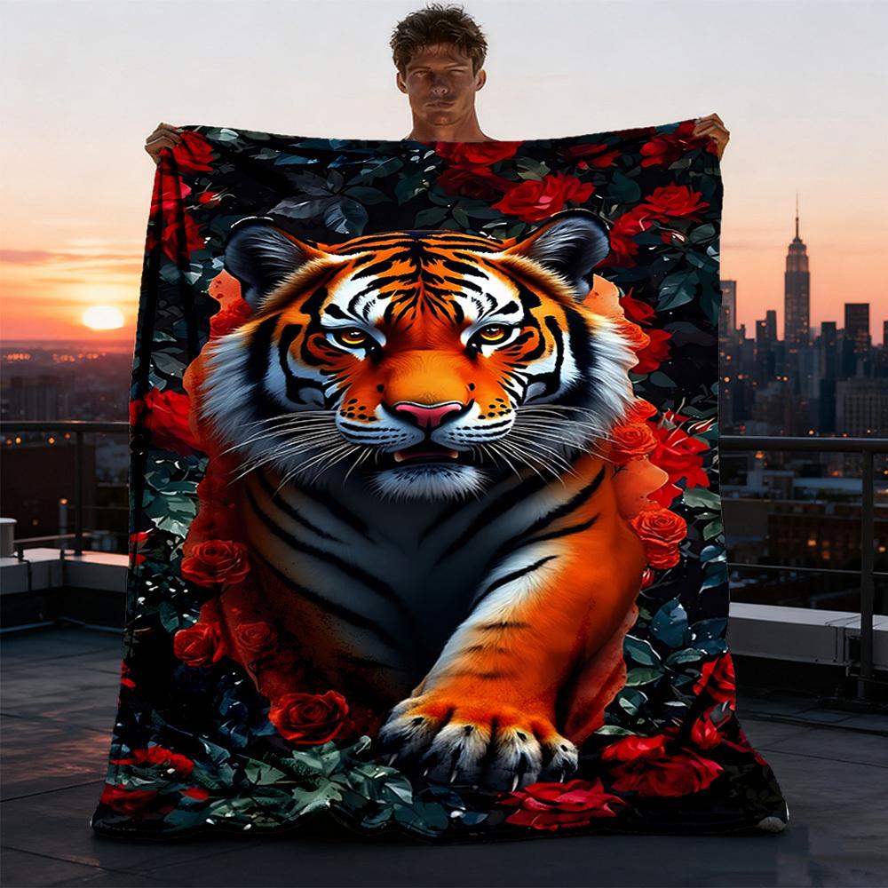 1pc Tiger Roses Outdoor Flannel Blanket, Cozy & Warm Soft Te Playful Design, Napping Camping,