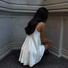 Women's V Neck Sleeveless Lace Satin Mini Dress Loose Fit High Waist Pure Elegant A-Line Dress Summer Night Club Slip Gown