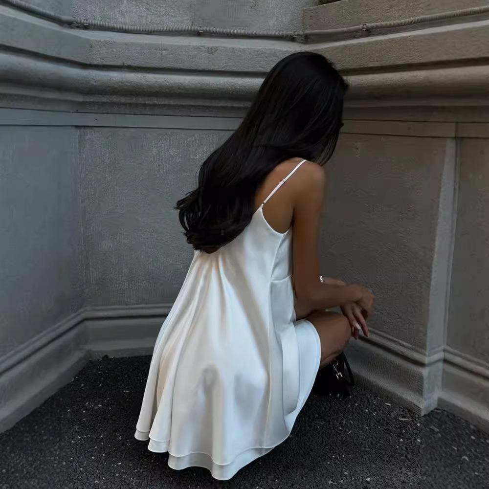 Women's V Neck Sleeveless Lace Satin Mini Dress Loose Fit High Waist Pure Elegant A-Line Dress Summer Night Club Slip Gown