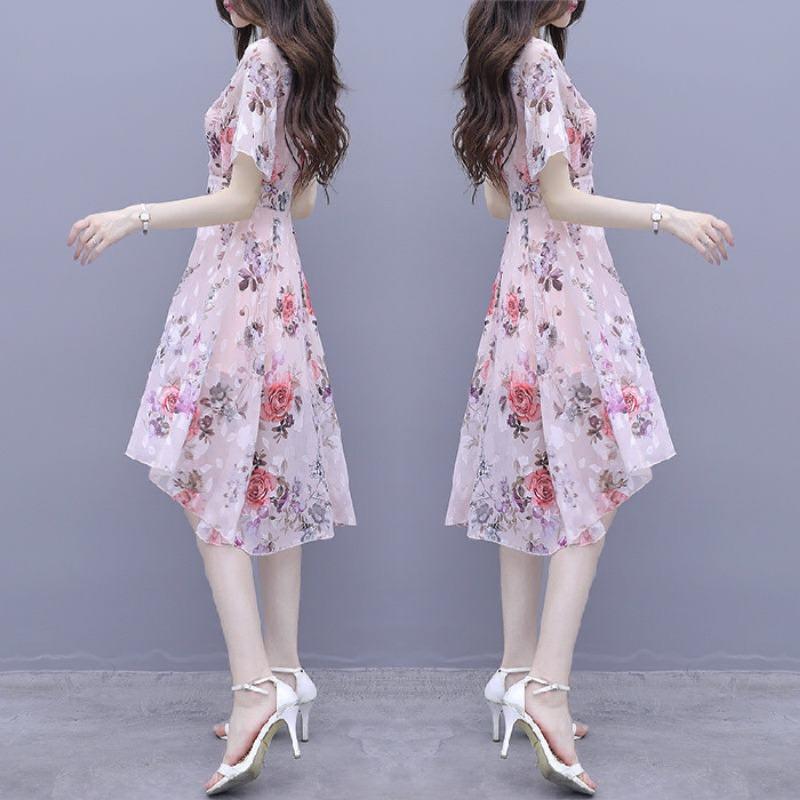 

Літня нова стильна корейська сукня для мам з коротким рукавом, принт, талія, зтягнута спідниця міді з поліестеровим волокном, круглим вирізом, коротка довжина 4XL рожевий