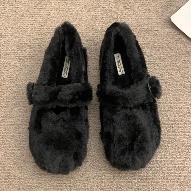 Winter Flats Women Shallow Loafers Shoes Designer Short Plush Buckle Casual Shoes 2025 Trend Walking Warm Cozy Chaussures Femme