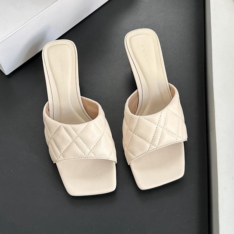Fashion SUOJIALUN 2025 Summer New Women Slipper Fashion Square Toe Slip On Ladies Elegant Sandal Square High Heel Dress Slides Shoes