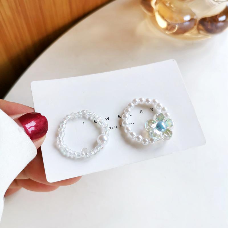 HI MAN 4 Pcs/Set Korean Mixed Handmade Pearl Stone Acrylic Small Round Bead Heart Ring Women Classic Elegant Dating Jewelry