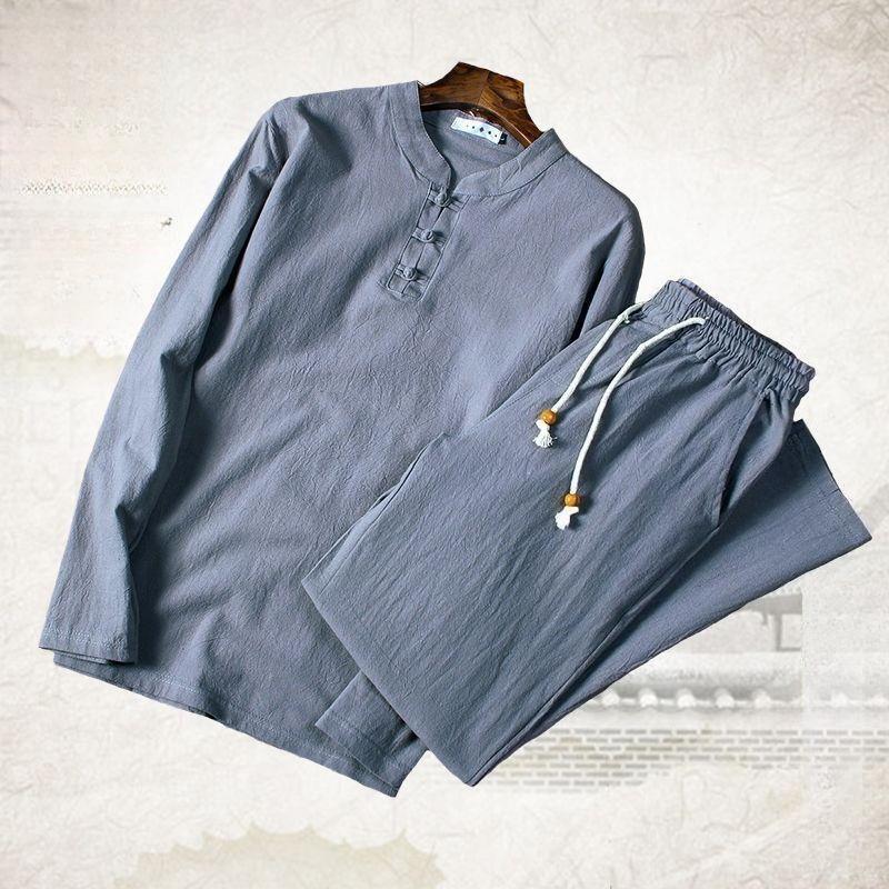Linen Suit Men's Loose-fit Mid-age Senior Citizen Wardrobe Long Sleeve Spring Autumn Trousers Style Father Son Cotton Linen Suit