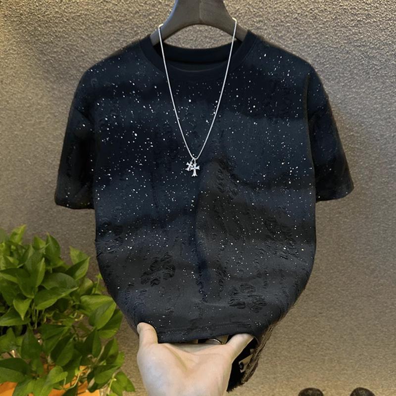 Men's Vintage Tie-Dye Short Sleeve Wash with Old Ripped Sequins Loose TShirts Casual Streetwear Hip Hop Tee Shirt