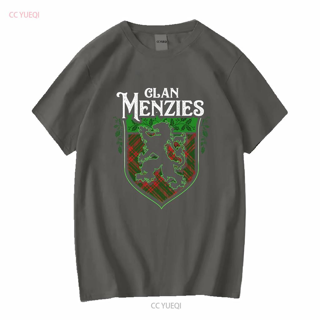 Clan Menzies Scottish Tartan Lion Rampant T Shirt Crest Last Name Surname Womens Long or Short Sleeves Vintage Washed Graphic