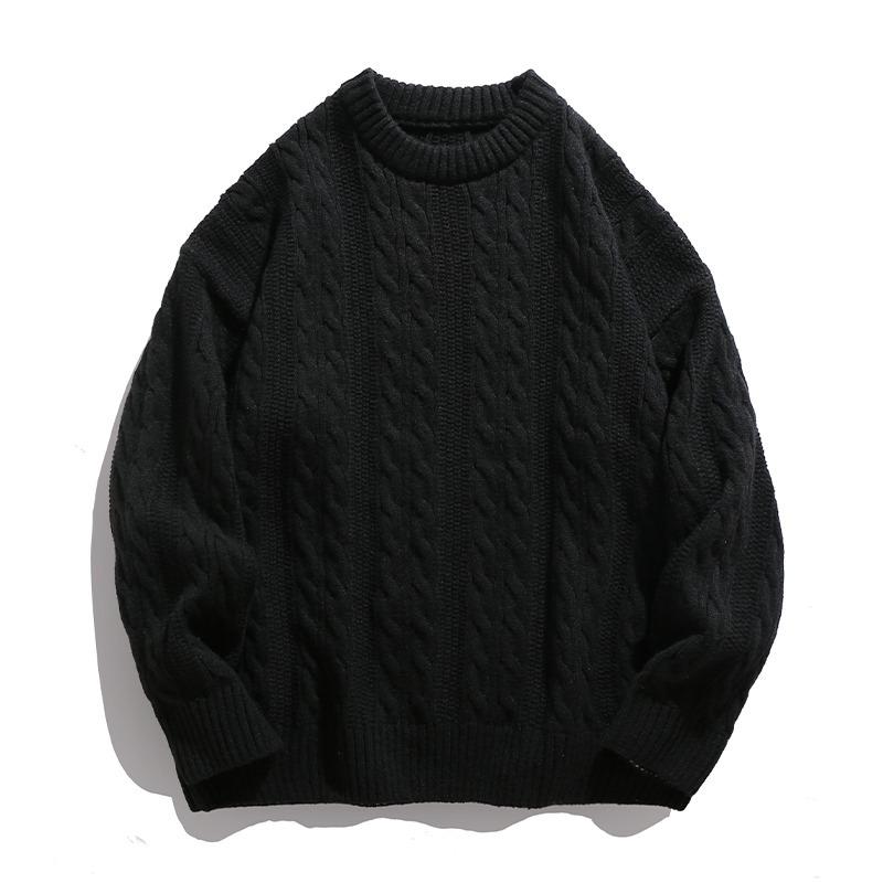 Unisex Japanese Retro Cable Knit Sweater, Round Neck, Loose Fit, Casual Autumn Style