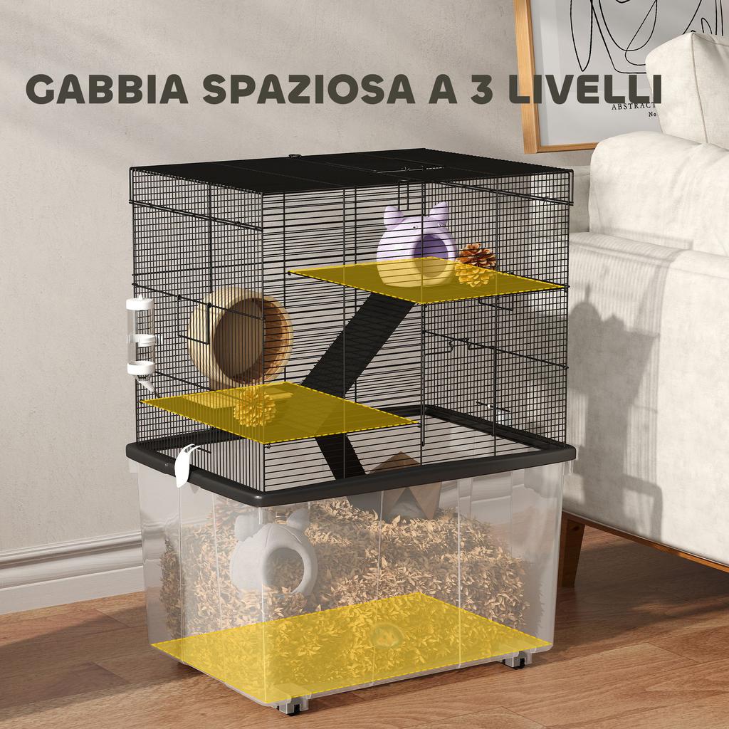 Gabbia per criceti a 3 piani con ruote, 2 piattaforme, rampe, ciotola e beverino, 58x43x74 cm, Nera