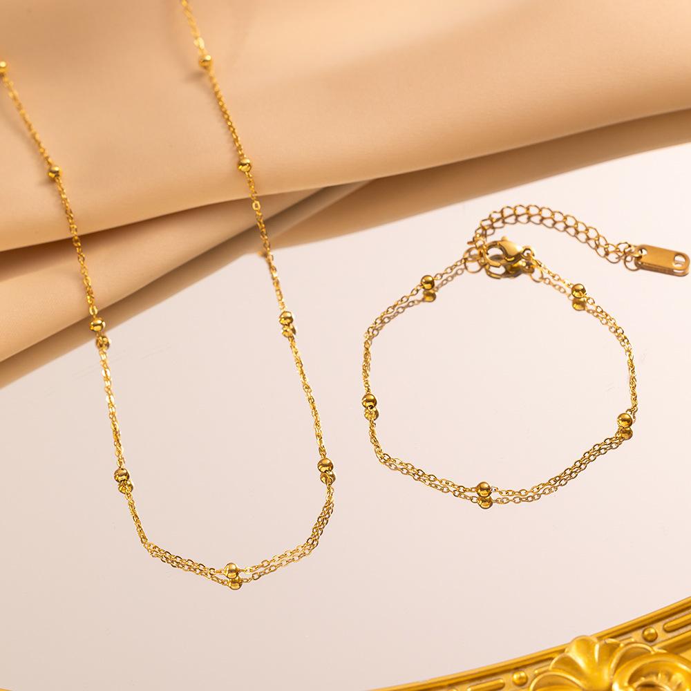Fashion Simple Beads Chain Necklace Bracelet for Women Girls Gold Color Trendy Stainless Steel Jewelry Sets