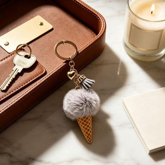 Ice Cream Pendant with Metal Ring Plush Keychain for Backpacks, Fluffy Cone Backpack Decoration Bag Charm, Decorative Women