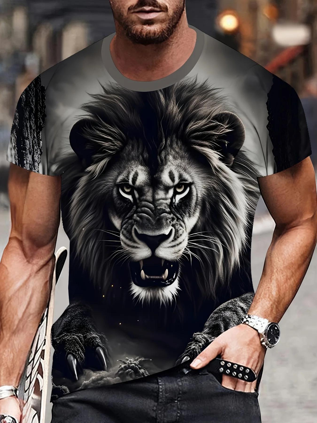 

2026 Hot Selling Fashionable Cool Domineering Black Lion Texture 3D Printing Fast Drying Outdoor Street Dance T-shirt Large Size 6XL