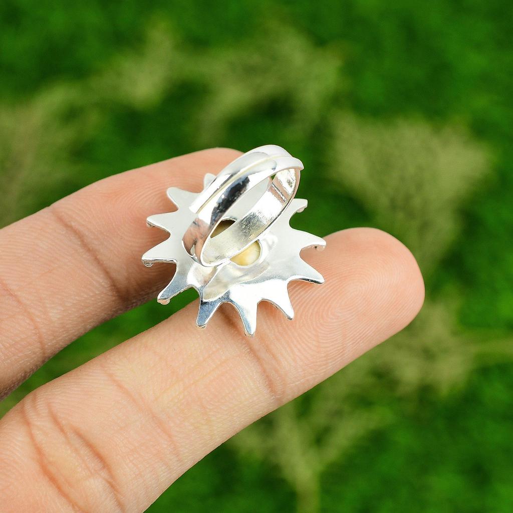 Natural Shiva Eye Shell Gemstone Promise Flower Adjustable Ring 925 Silver