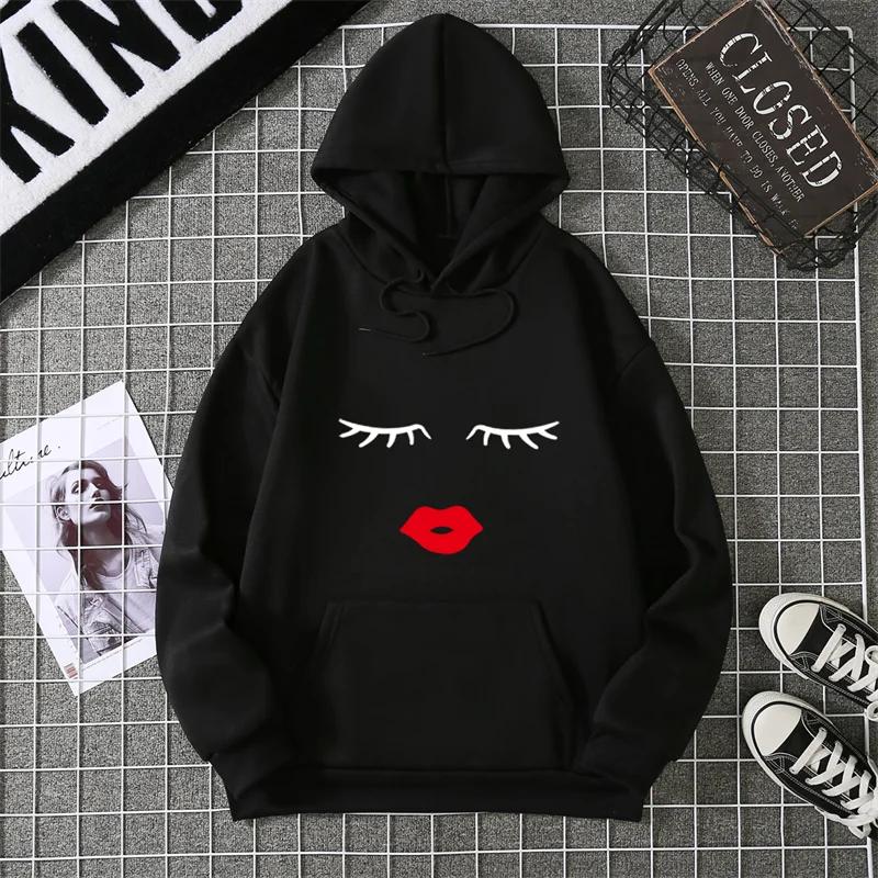2025 Pretty Cute Eye Lashes Red Lips Print Women Hoodie Summer Casual Short Sleeve O Neck Ladies White Hooded Sweatshirt