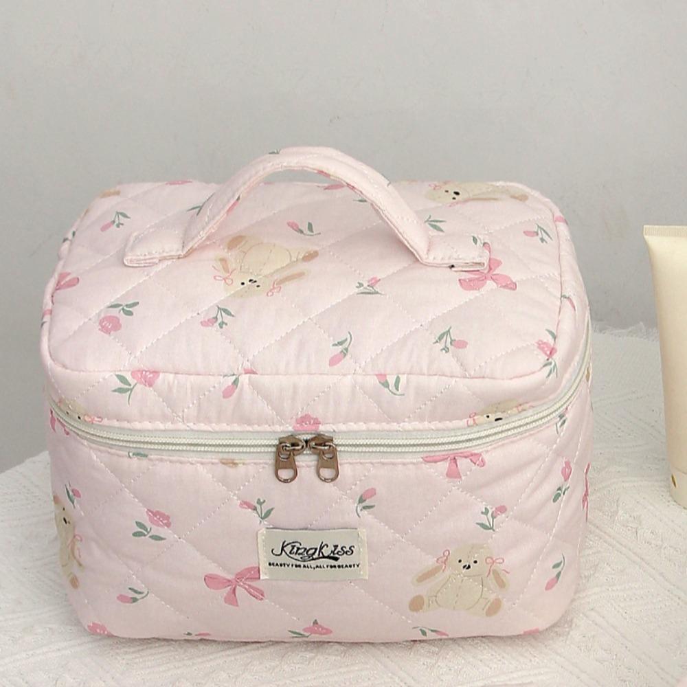 Fashion Bow Women Makeup Bag Large Capacity Multifunctional Cotton Quilted Zipper Bag Toiletries Handbag