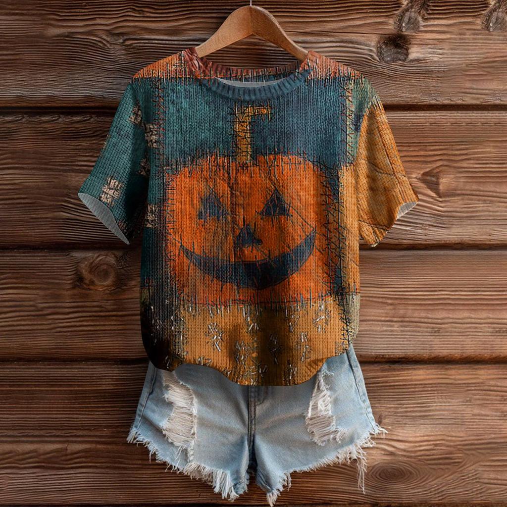 Women's Cute Sweater Knitted Fashion Casual Round-neck Short-sleeved  Cozy Print Top