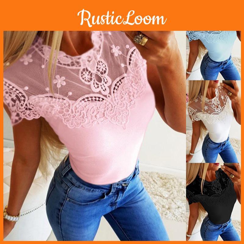Beautiful Summer Women Short Sleeve Lace See-through Top With Elegant Frilled Design