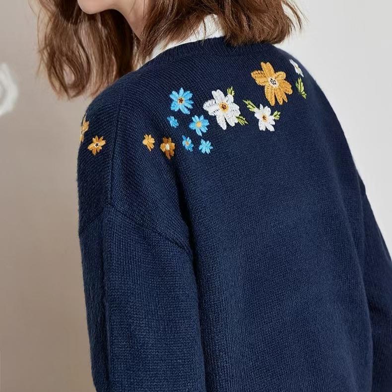 Sweater Cardigan Women's Spring and Autumn Flower-embroidered Knitted Cardigan Casual Loose Sweater Coat Top