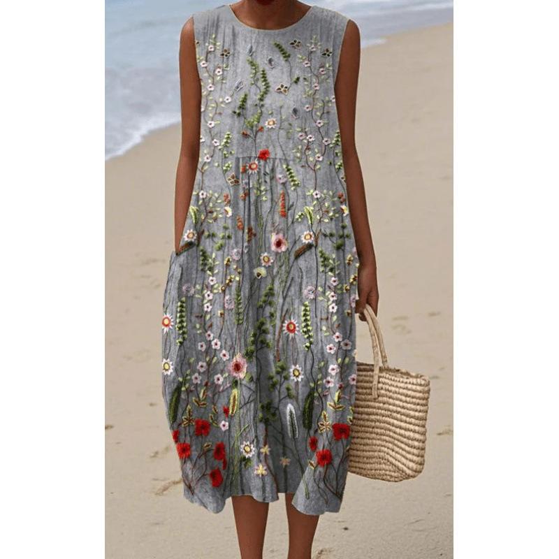 Summer new sleeveless pocket casual printing temperament long dress dress slim dress